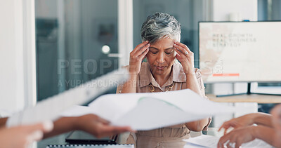 Buy stock photo Paperwork, headache or stress businesswoman in meeting with anxiety of documents report. Busy boss, fatigue or overwhelmed senior manager in office chaos with burnout, audit crisis or overworked