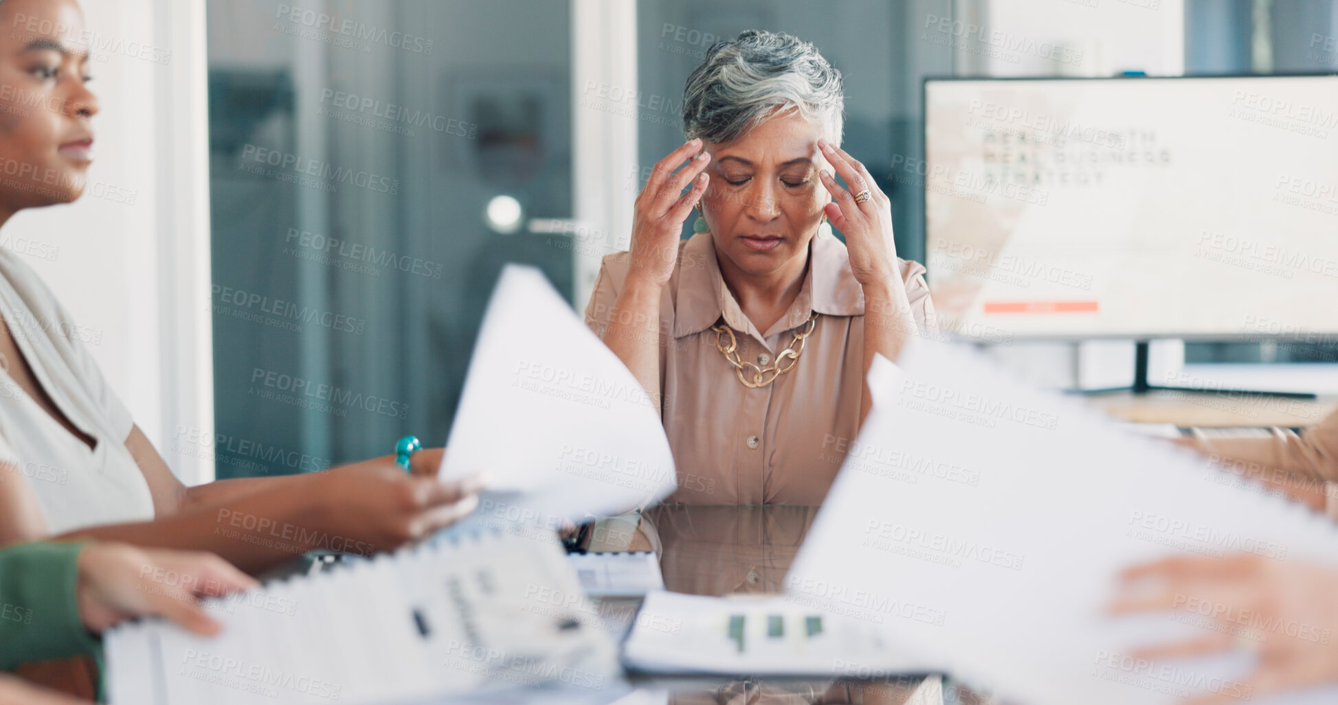 Buy stock photo Business, multitasking and senior woman with a headache, anxiety and meeting with burnout, overworked agent and chaos. Female person, employee and manager with a migraine, workflow crisis and stress