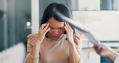 Buy stock photo Asian woman, headache and stress in anxiety, mistake or burnout from overworked pressure at office. Frustrated or tired female person or business employee in depression or mental health at workplace