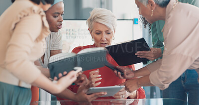 Buy stock photo Business, woman and multitasking with stress, chaos and anxiety with team, workplace and time management. Female leader, employee and mature lady with burnout, manager busy or confused with deadlines