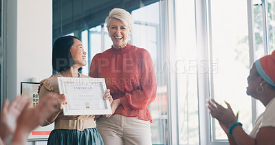 Buy stock photo Applause, award or business women in presentation for goal, thank you or winner in office. Celebrate, success or promotion for a happy woman with certificate for support, achievement or praise