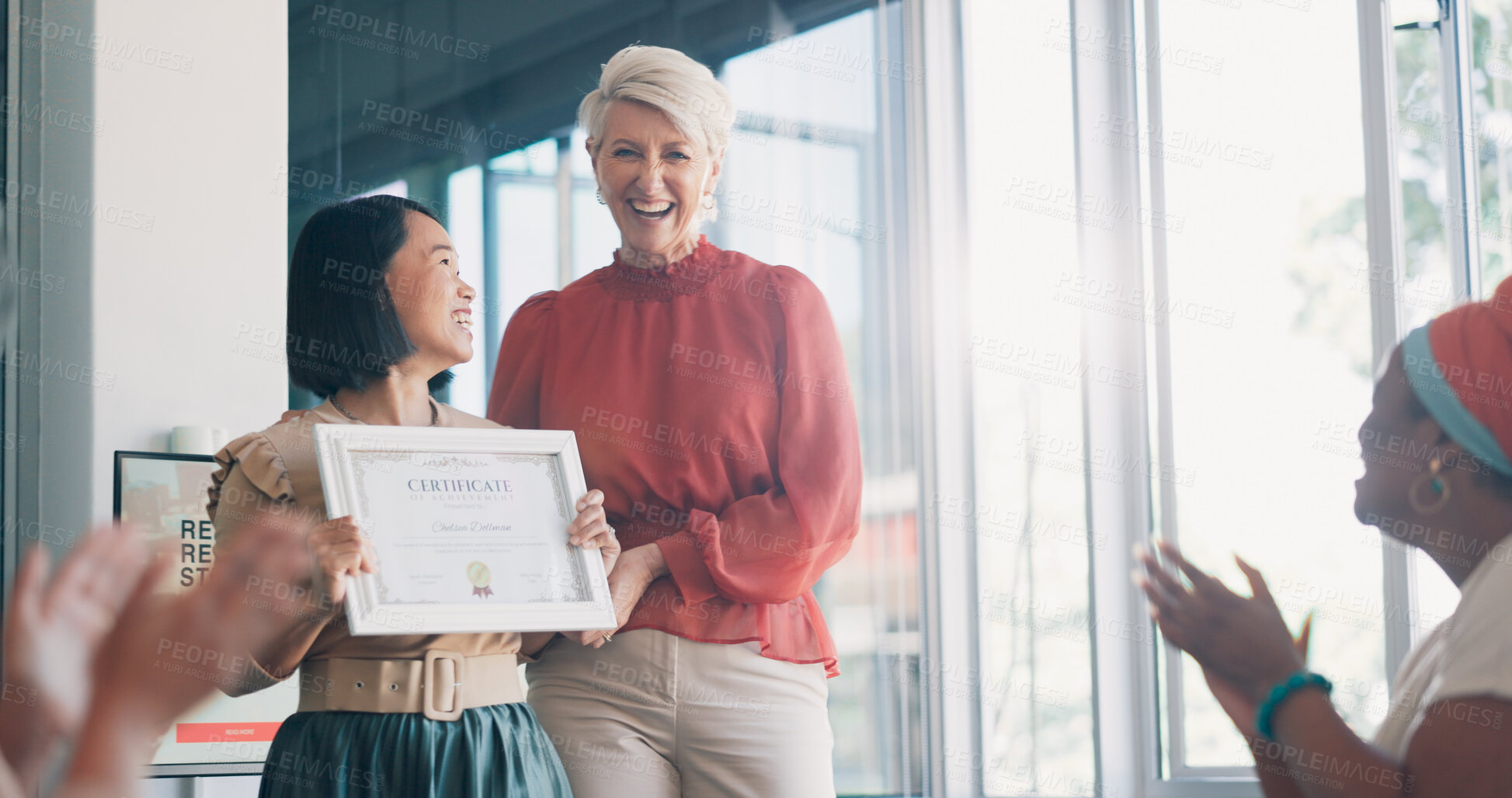 Buy stock photo Applause, award or business women in presentation for goal, thank you or winner in office. Celebrate, success or promotion for a happy woman with certificate for support, achievement or praise