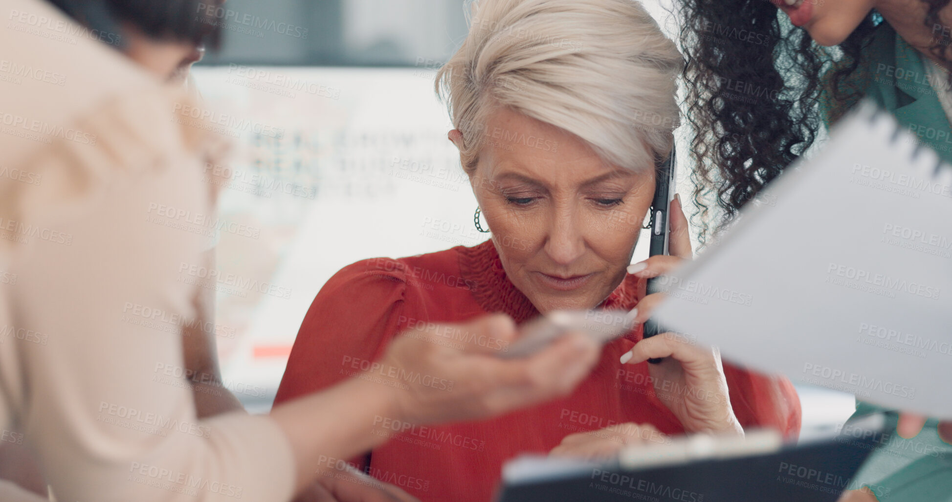 Buy stock photo Paperwork, phone call or overworked business woman multitasking with anxiety of documents review. Busy boss, fatigue or overwhelmed senior manager in office chaos with challenge, workflow or stress