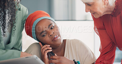 Buy stock photo Phone call, overworked and stress with business black woman in office for documents, crisis and burnout. Chaos, time management and multitasking with person for workflow, anxiety and pressure