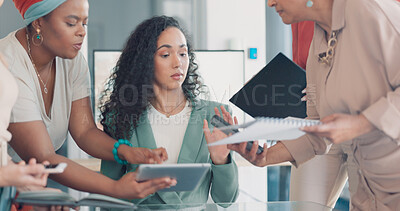 Buy stock photo Overwhelmed, chaos and stress with business woman in office for documents, crisis and burnout. Overworked, time management and multitasking with person in agency for workflow, anxiety and pressure