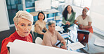 Presentation, speaker woman and business people planning, budget strategy or company agenda in a meeting. Leadership, gender equality and diversity of boss, manager or presenter talking to employees