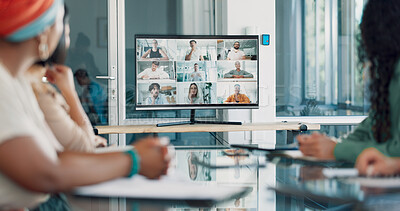 Buy stock photo Video call, conference and group for presentation on screen with business people for online meeting. Internet, webinar and international team training on computer monitor for virtual live streaming