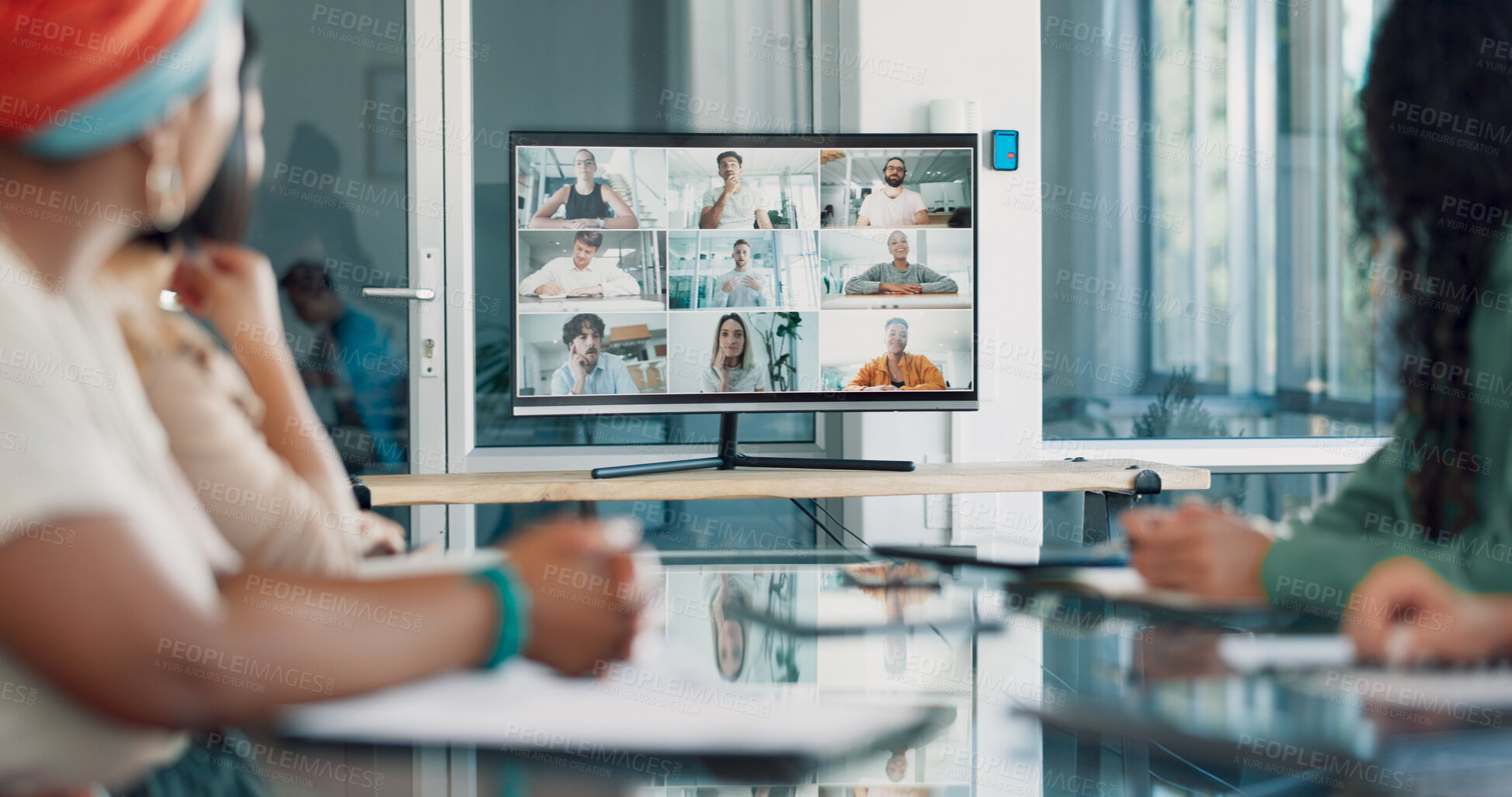 Buy stock photo Video call, conference and group for presentation on screen with business people for online meeting. Internet, webinar and international team training on computer monitor for virtual live streaming