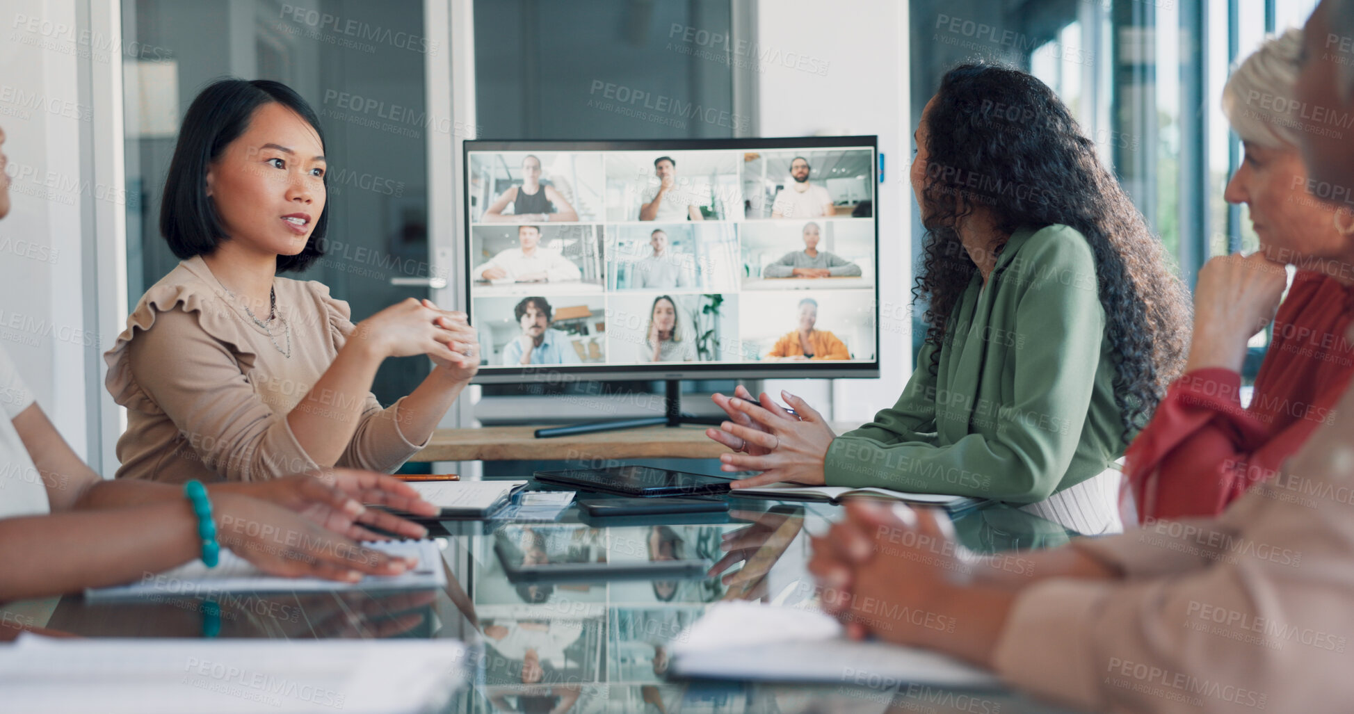 Buy stock photo Video call, meeting and group for conference on screen with business people for online presentation. Women, webinar and international team training on computer monitor for virtual live streaming