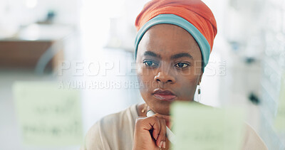 Buy stock photo Thinking, board and face of black woman planning strategy, startup ideas and problem solving question, choice or decision. Transparent glass, entrepreneurship or African business person brainstorming