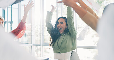 Buy stock photo Documents in air, success and business people in meeting celebrate winning, achievement and good news. Teamwork, collaboration and people throw paperwork excited for company growth, support and goals
