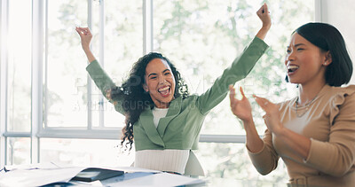 Buy stock photo Cheer, success and business women in meeting celebrate winning, achievement and good news. Teamwork, collaboration and people with hands raised excited for company growth, support and goal in office
