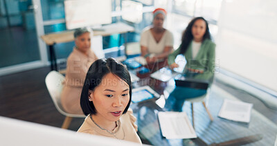 Buy stock photo Presentation, asian woman and business people in meeting planning budget strategy or company agenda. Leadership, gender equality and diversity of boss, manager or speaker workflow in startup workshop