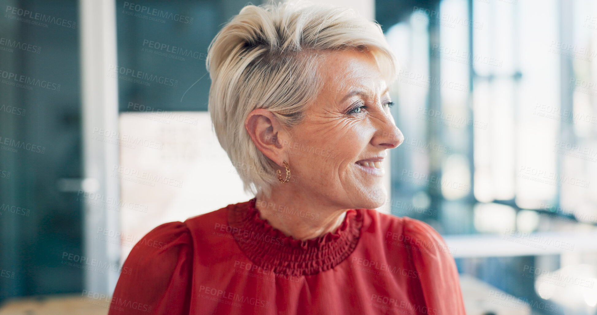 Buy stock photo Face, thinking and senior business woman at work in her office with a carefree or positive attitude. Happy, smile and mature female executive or manager working with company vision with confidence