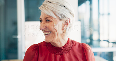 Buy stock photo Face, laugh and senior business woman at work in her office with a carefree or positive attitude. Happy, funny and mature female entrepreneur or manager working for company success with confidence