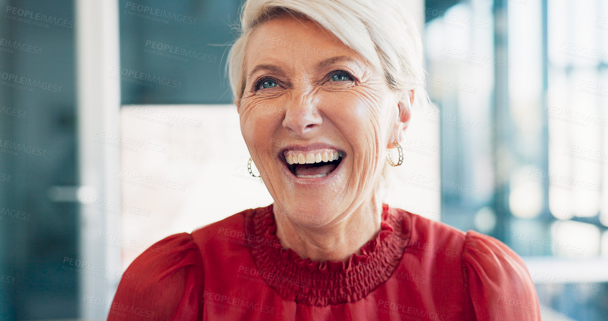 Buy stock photo Laugh, face and senior business woman at work in her office with a carefree or positive attitude. Happy, funny and mature female executive and professional working for company success with confidence