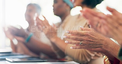 Buy stock photo Business people, hands and applause in meeting, celebration or congratulations together at office. Closeup of employee group clapping in teamwork, success or collaboration for motivation at workplace