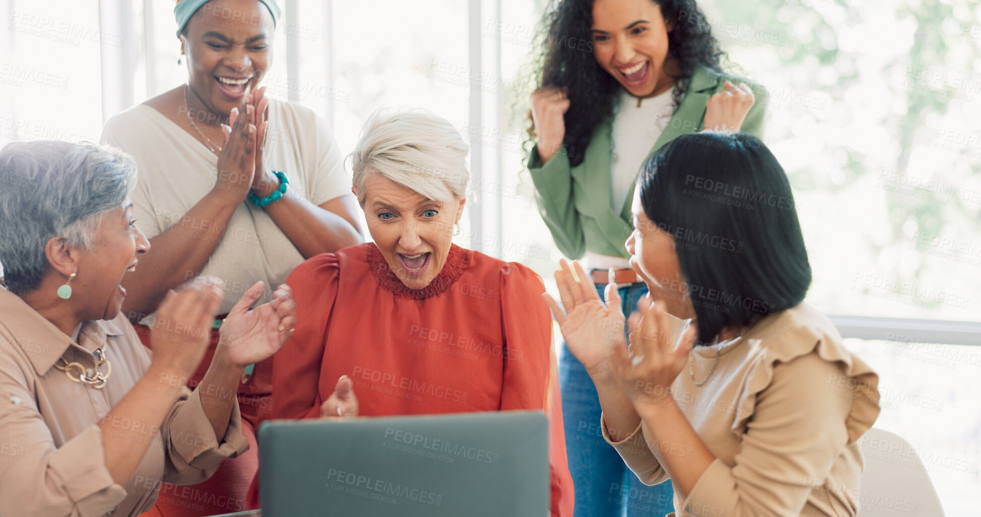 Buy stock photo Laptop, success and business women in meeting celebrate winning, achievement and good news. Teamwork, computer and people clapping hands, cheer and excited for online announcement, victory and goals