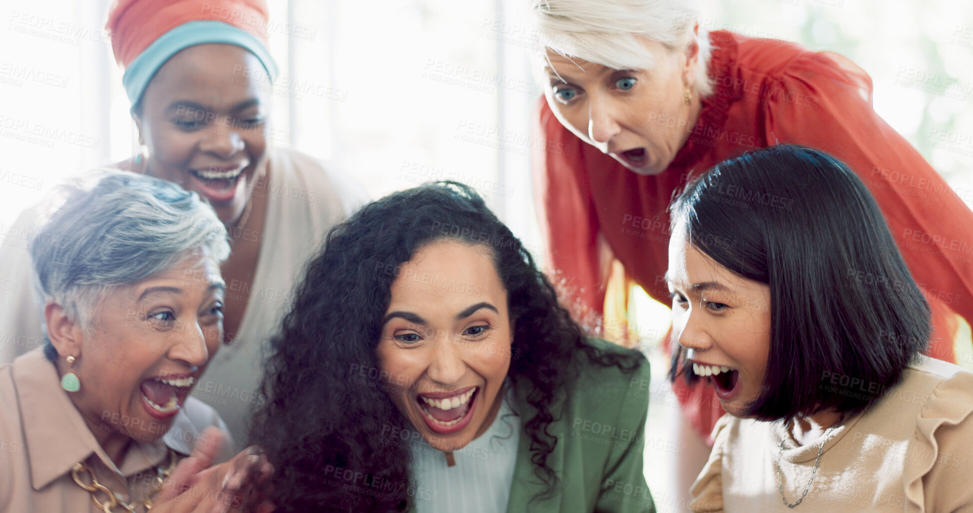 Buy stock photo Surprise, success and business women on laptop celebrate winning, achievement and good news. Teamwork, collaboration and people with wow, cheer and excited for company growth, online victory and goal