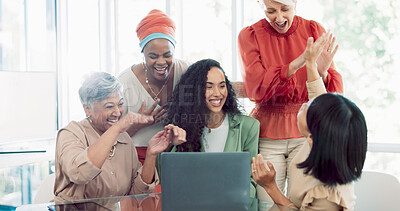 Buy stock photo Laptop, success and business women high five to celebrate winning, achievement and good news. Teamwork, computer and office people clapping hands, cheer and excited for online bonus, victory and goal