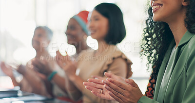 Buy stock photo Business people, hands and applause in meeting, congratulations or celebration together at office. Closeup of employee group clapping in teamwork, success or collaboration for motivation at workplace