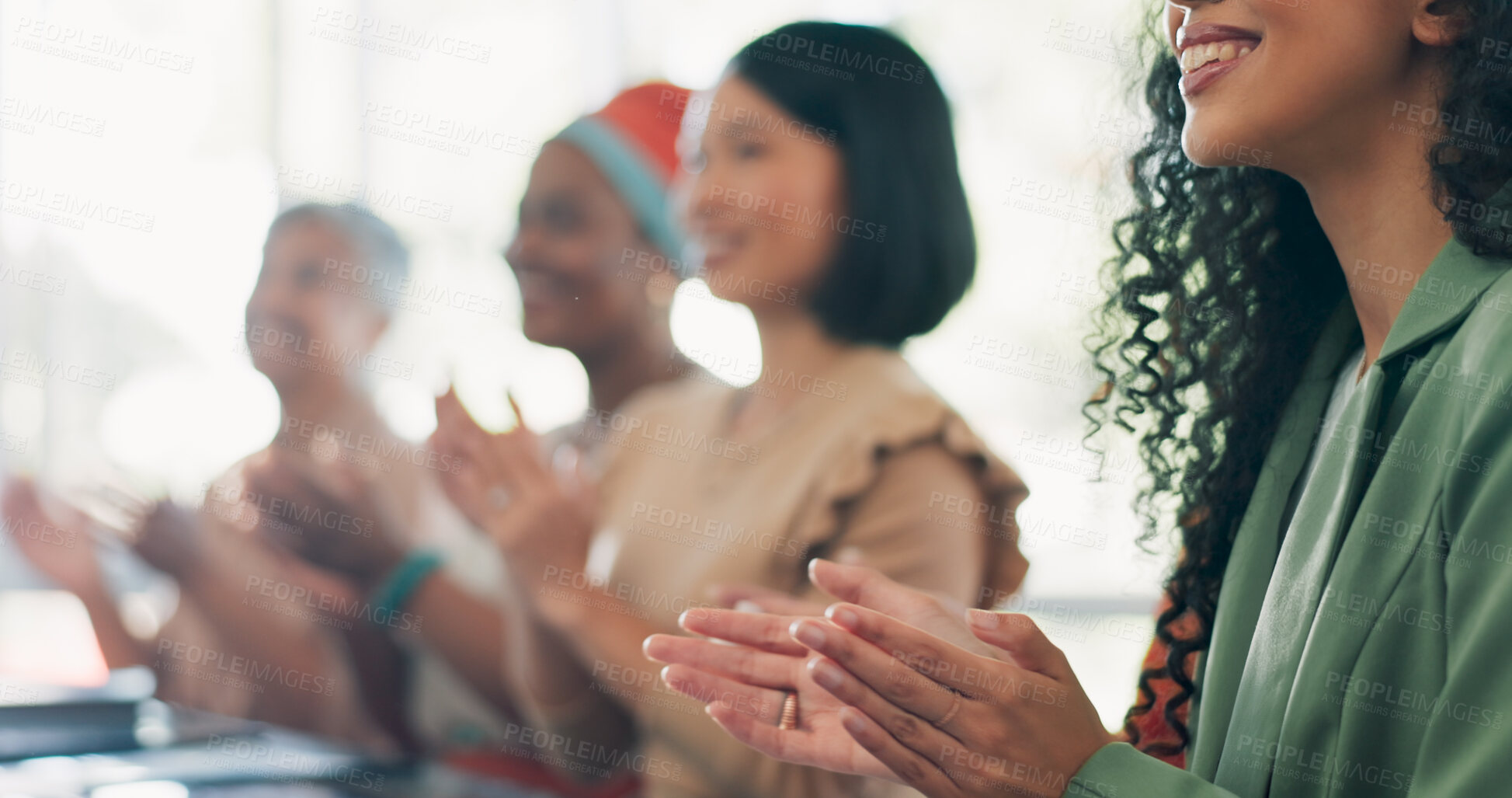 Buy stock photo Business people, hands and applause in meeting, congratulations or celebration together at office. Closeup of employee group clapping in teamwork, success or collaboration for motivation at workplace