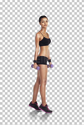 Buy stock photo Portrait, woman and dumbbell exercise for fitness, weight loss or bodybuilding. Body, sports workout and a training athlete girl isolated on a transparent png background for sport and strength