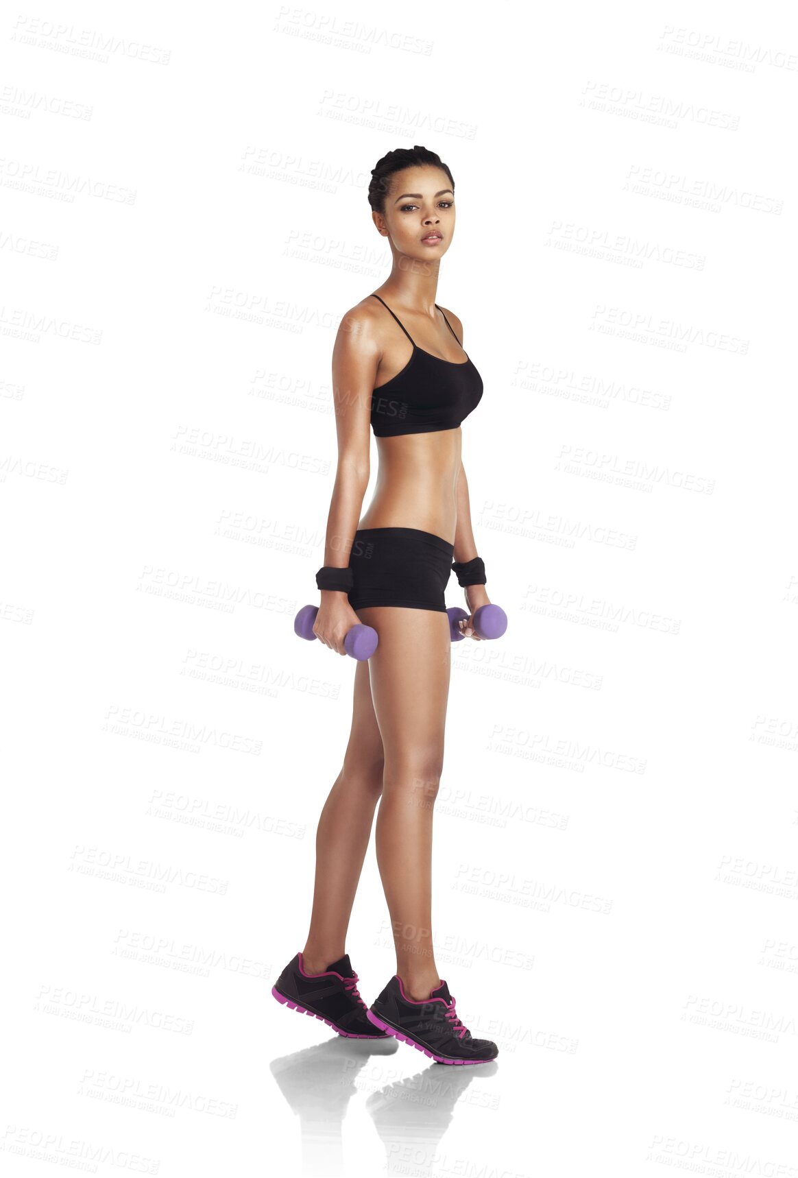 Buy stock photo Portrait, woman and dumbbell exercise for fitness, weight loss or bodybuilding. Body, sports workout and a training athlete girl isolated on a transparent png background for sport and strength