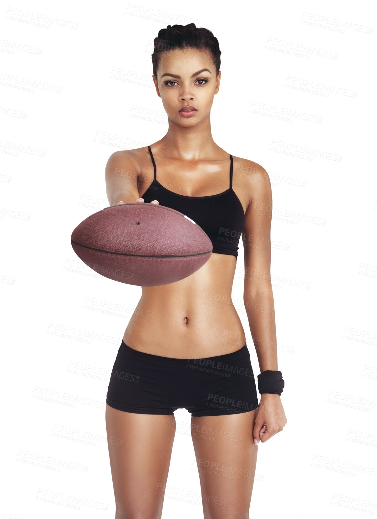 Buy stock photo Portrait, football and fitness with a sports woman isolated on a transparent background for serious competition. PNG, exercise and workout with a confident female athlete holding a ball in challenge