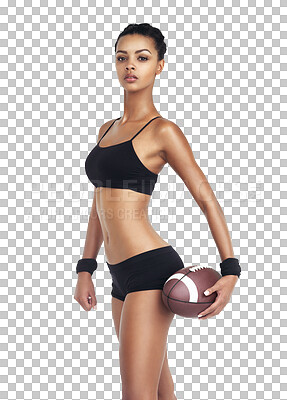 Sports, woman body and football for exercise fitness, competition game or challenge. Health portrait, workout ball and training player on an isolated and transparent png background