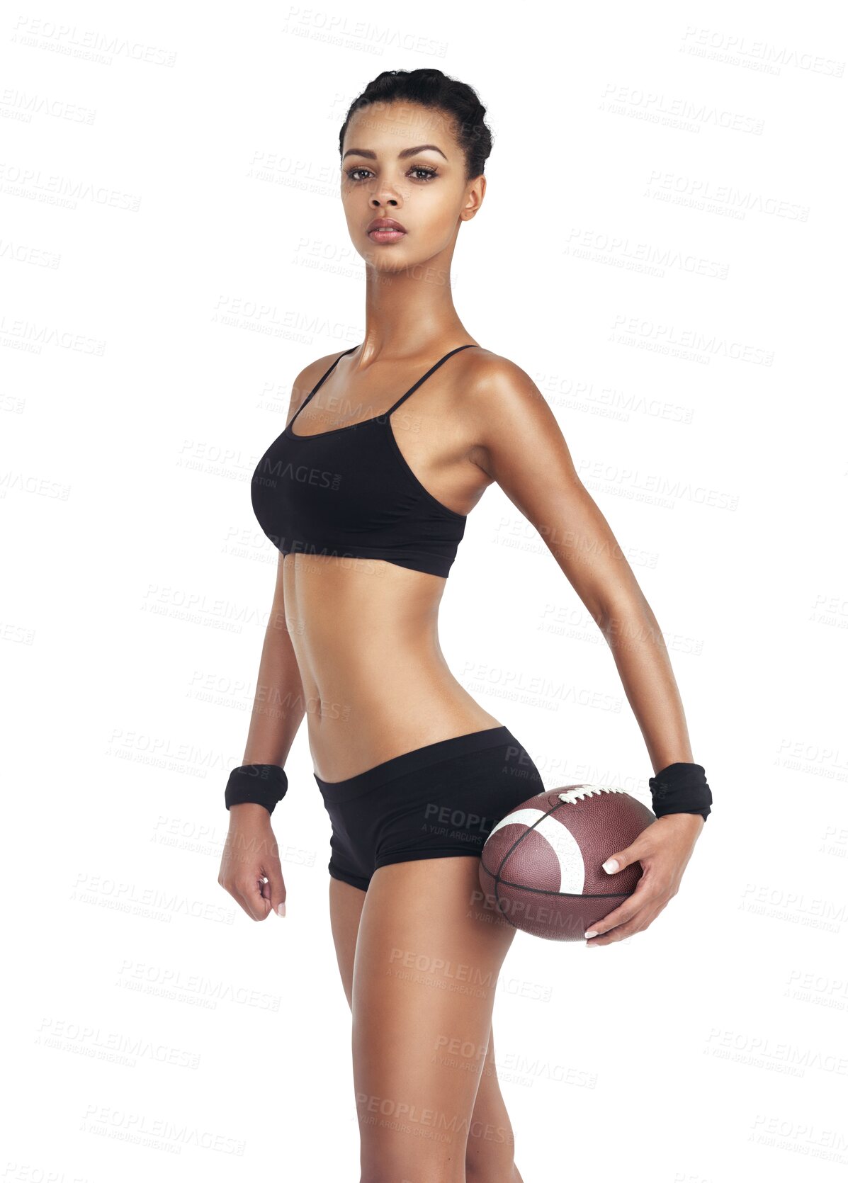 Buy stock photo Portrait, american football and a woman athlete isolated on a transparent background for serious competition. PNG, fitness and workout with a confident sports person holding a ball in challenge