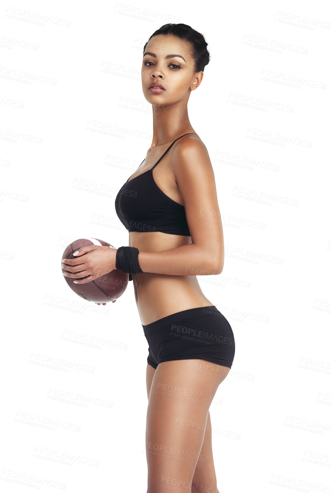 Buy stock photo Portrait, american football and a sports woman isolated on a transparent background for serious competition. PNG, fitness and training with a confident female athlete holding a ball in challenge