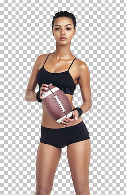 Sports, woman body and football for exercise fitness, competition game or challenge. Health portrait, workout ball and training player on an isolated and transparent png background