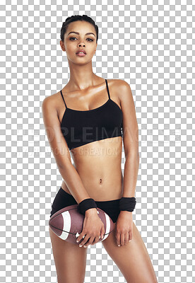 Football, woman body and sports for exercise fitness, competition game or challenge. Health portrait, workout ball and training player on an isolated and transparent png background