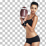 Football, woman body and sports for exercise fitness, competition game or challenge. Health portrait, workout ball and training player on an isolated and transparent png background