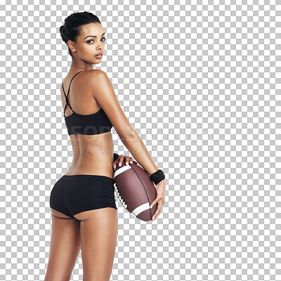 Sports, back and woman body with football for exercise fitness, competition  game or challenge. Health portrait, workout ball and training player on an  isolated and transparent png background