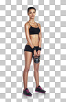 Woman body, kettlebell exercise for fitness goals and weight loss or bodybuilding. Health wellness girl, arm workout and portrait of training athlete on an isolated and transparent png background