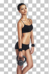 Woman body, kettlebell workout for fitness and weight loss or bodybuilding. Health wellness girl, arm exercise and portrait of training athlete on an isolated and transparent png background