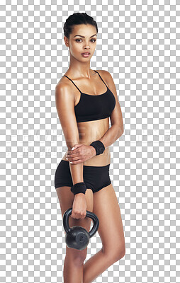 Woman body, kettlebell exercise for fitness and weight loss or bodybuilding. Health wellness girl, arm workout and portrait of training athlete on an isolated and transparent png background