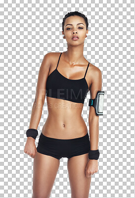 Music, fitness and sports woman body with phone for workout, health and cardio training. Portrait of girl listening and streaming on earphones for exercise on an isolated, transparent png background