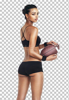 Sports, back and woman body with football for exercise fitness, competition game or challenge. Health portrait, workout ball and training player on an isolated and transparent png background