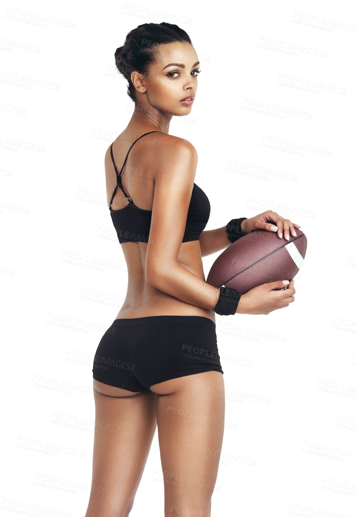 Buy stock photo Back portrait, football and training with a woman athlete isolated on a transparent background for serious competition. PNG, exercise and fitness with a sports person holding a ball in challenge