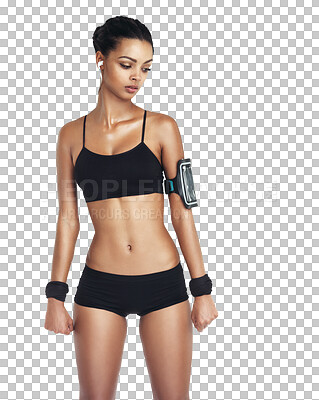 Music, fitness and sports woman body with phone for workout, health and cardio training. Serious girl listening and streaming on earphones for exercise on an isolated and transparent png background