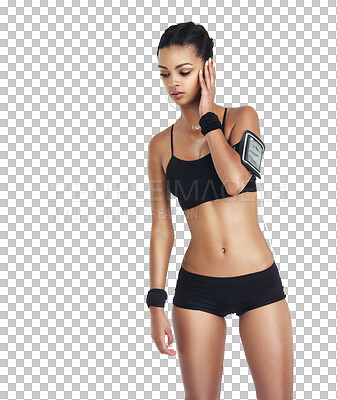 Music, fitness and sports woman body with phone for workout, health and cardio training. Serious girl listening and streaming on earphones for exercise on an isolated and transparent png background