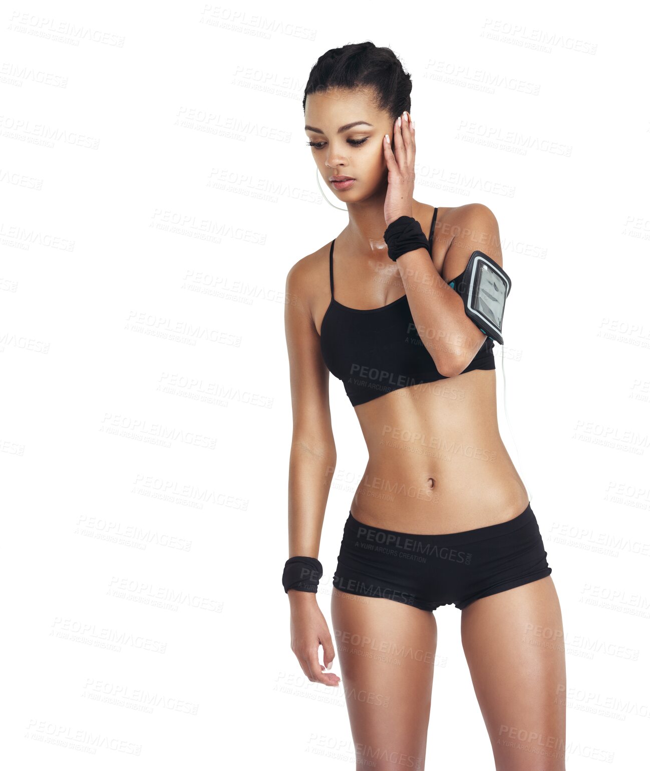 Buy stock photo Fitness, music and woman with hand on ear, phone and earphones for workout motivation and focus in gym. Health, exercise and sports model listening to podcast isolated on transparent png background.