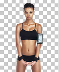 Music, fitness and woman stretching body with phone for workout, health and training. Sports and girl listening and streaming on earphones for exercise on isolated, transparent png background