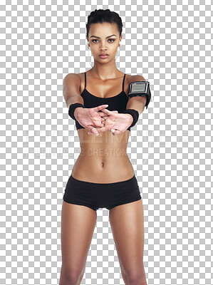 Buy stock photo Fitness, stretching hands and portrait of girl with earphones, music app or gym workout podcast. Health, exercise and serious sports model with arm stretch isolated on transparent png background.