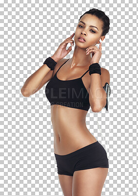 Music, fitness and sports woman body with phone for workout, health and cardio training. Portrait of girl listening and streaming on earphones for exercise on an isolated, transparent png background