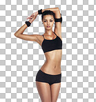 Portrait, fitness music and woman body while listening to  radio song for cardio exercise, training or workout. Health, wellness and streaming model on an isolated and transparent png background