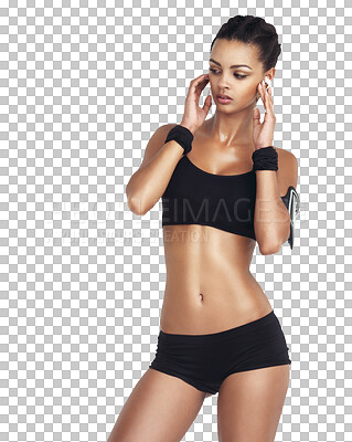 Music, fitness and sports with woman and phone for workout body, health and cardio training. Girl listening to earphones for exercise and streaming on an isolated, transparent png background
